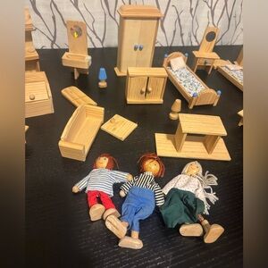 Vintage Wooden Dollhouse Furniture Set with Dolls